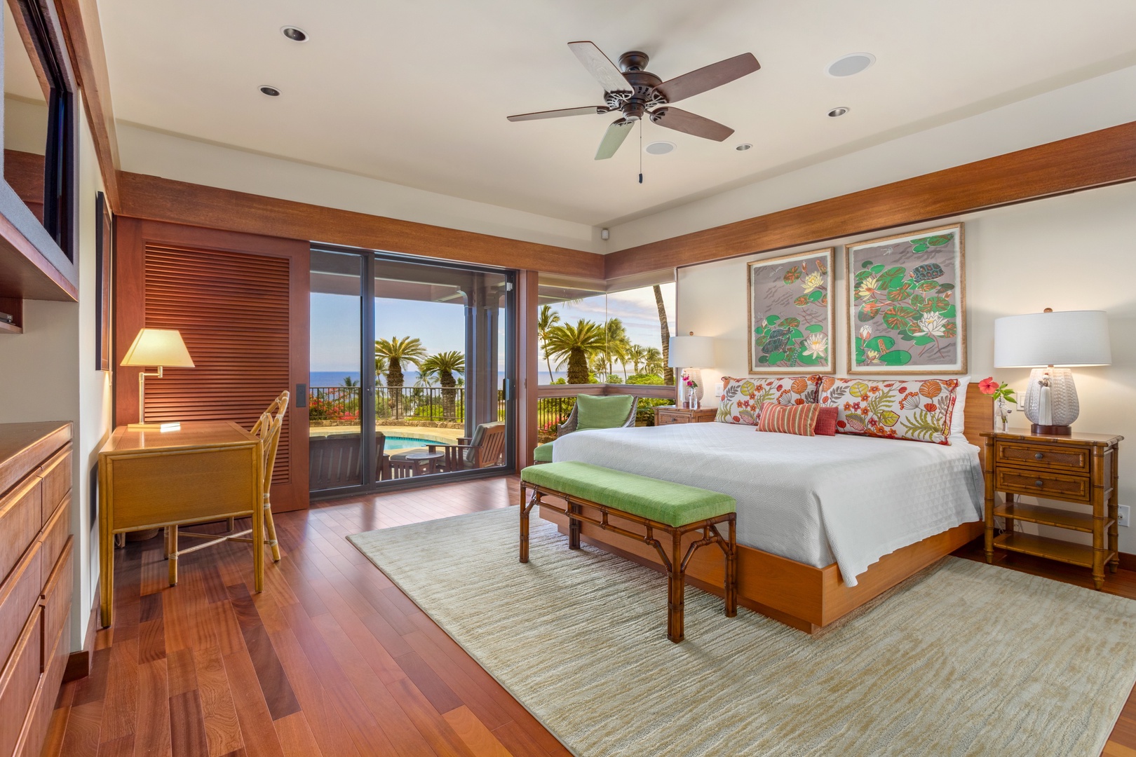 Kamuela Vacation Rentals, 4BD Villas (21) at Mauna Kea Resort - Alternate View of Primary Suite w/Sliding Glass Doors to Pool Deck & Lanai.