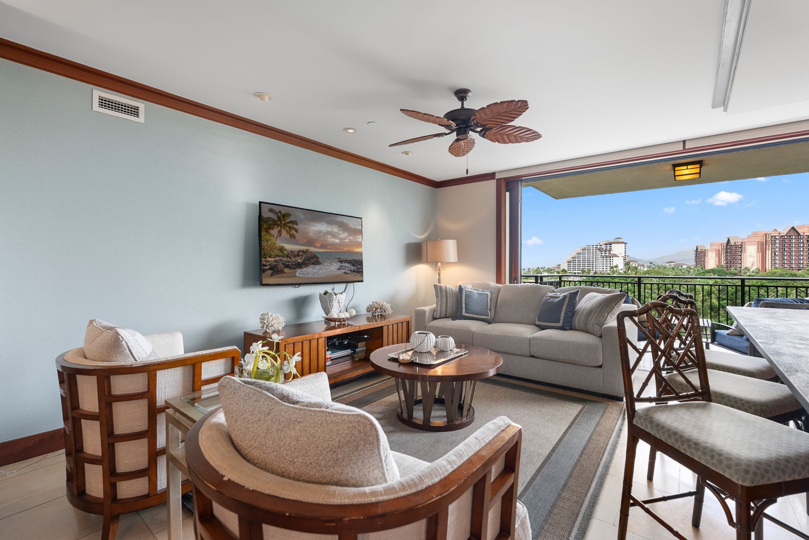 Kapolei Vacation Rentals, Ko Olina Beach Villas B604 - Relax in your elegant living space with tropical ceiling fan, while enjoying stunning city views from your private balcony.