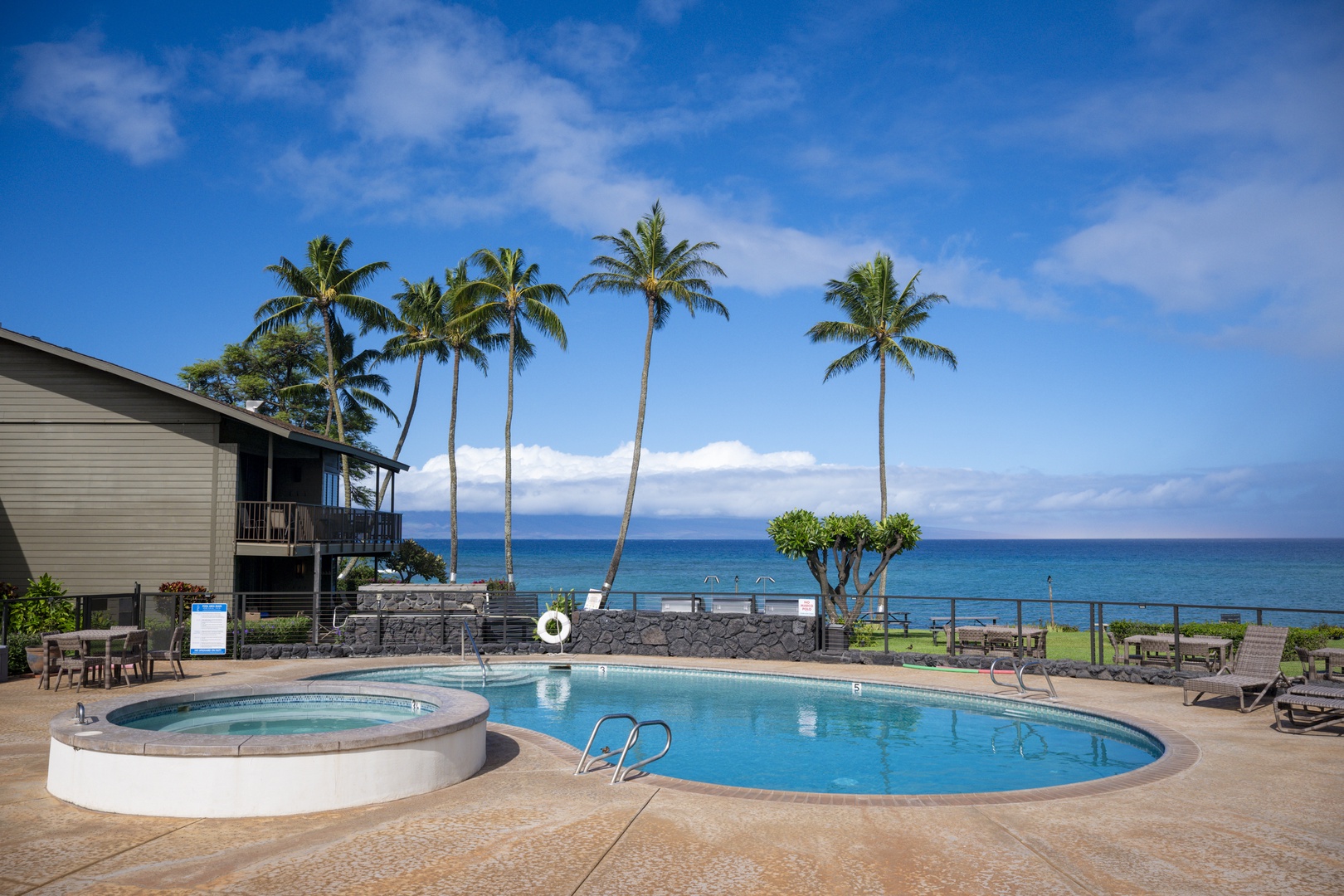 Lahaina Vacation Rentals, Polynesian Shores 114 - The pool and hot tub sit right in the perfect spot, open water stretching out beyond.