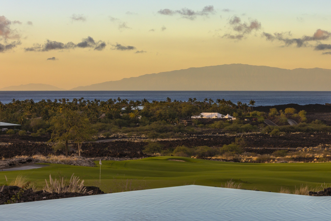 Kailua Kona Vacation Rentals, 4BR Luxury Puka Pa Estate (1201) at Four Seasons Resort at Hualalai - Twilight views of the golf course from the pool area.