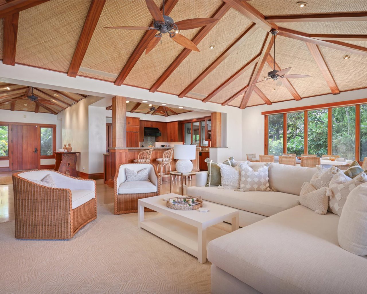 Kailua Kona Vacation Rentals, 3BD Pakui Street (131) Estate Home at Four Seasons Resort at Hualalai - Wide view of the great room & foyer featuring soaring vaulted ceilings