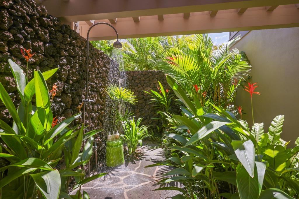 Kailua Kona Vacation Rentals, 3BD Ke Alaula Villa (217C) at Hualalai Resort - Private outdoor shower in tropical setting, just off the primary bath.