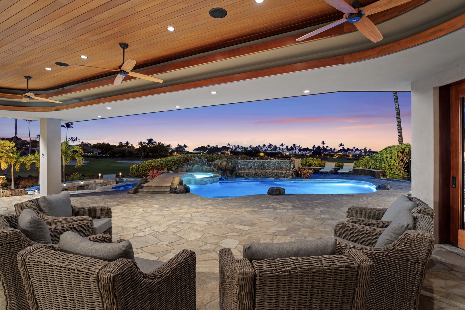Kamuela Vacation Rentals, Hale Konane - Evenings on the lanai invite effortless entertaining with sweeping pool and sunset views.