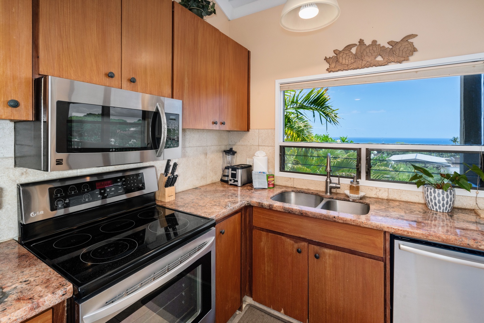 Kihei Vacation Rentals, Wailea Ekolu 204 - A carved wooden turtle watches over the stove, ocean visible just past the palm outside.