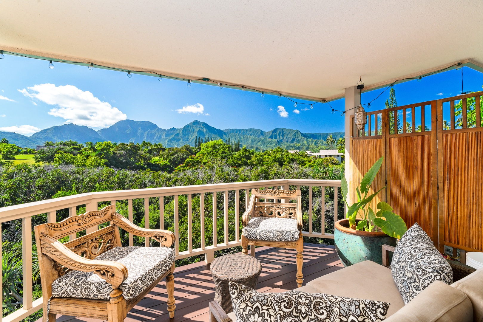 Princeville Vacation Rentals, Makanalani - Breathtaking mountain views from our private lanai, complete with comfy seating—your private escape into nature's embrace