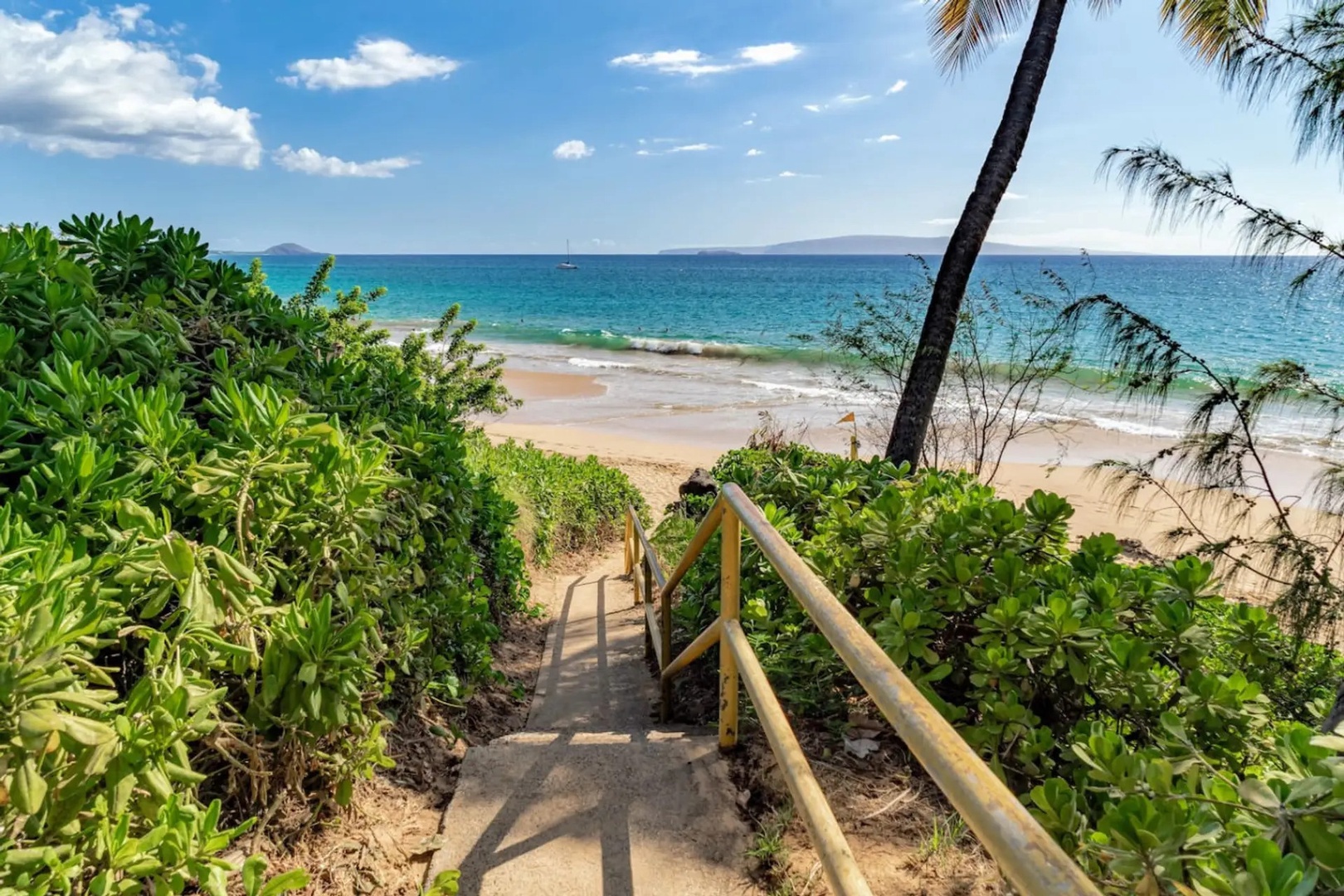 Kihei Vacation Rentals, Kalama Terrace P302 - Follow the steps down and Charley Young Beach opens up at the bottom, sand and water waiting.