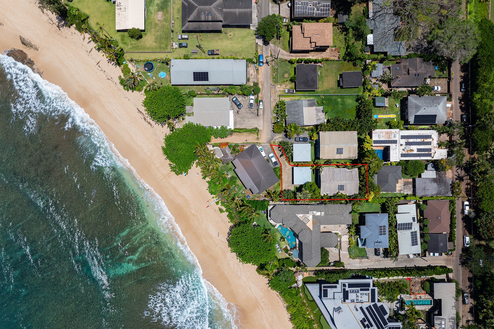 Haleiwa Vacation Rentals, Sunset Beach Hideaway - Aerial views showcase the home’s prime location just steps from the shoreline.