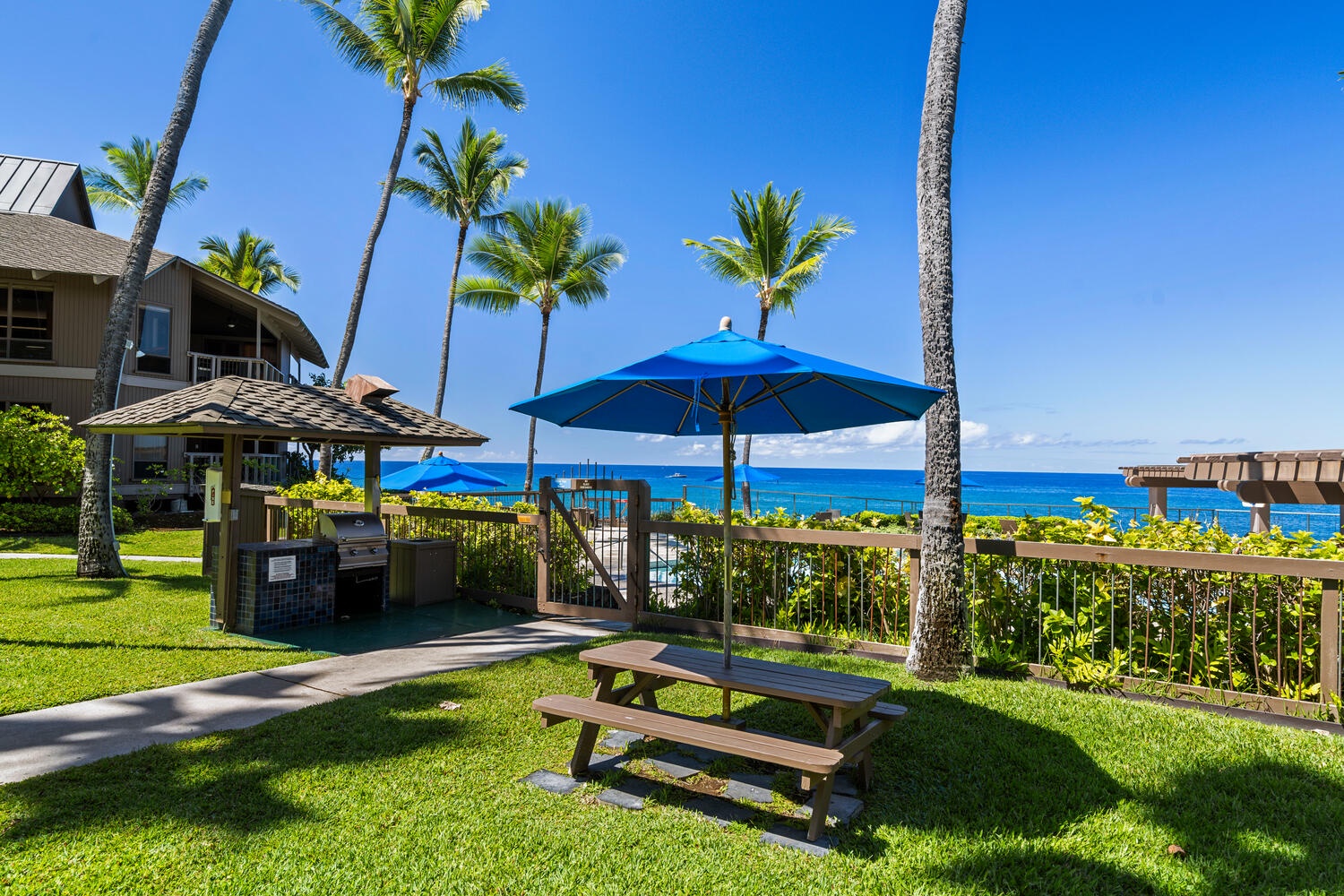 Kailua Kona Vacation Rentals, Kanaloa at Kona 3304 - Grassy picnic area with umbrellas and ocean views for casual outdoor dining.