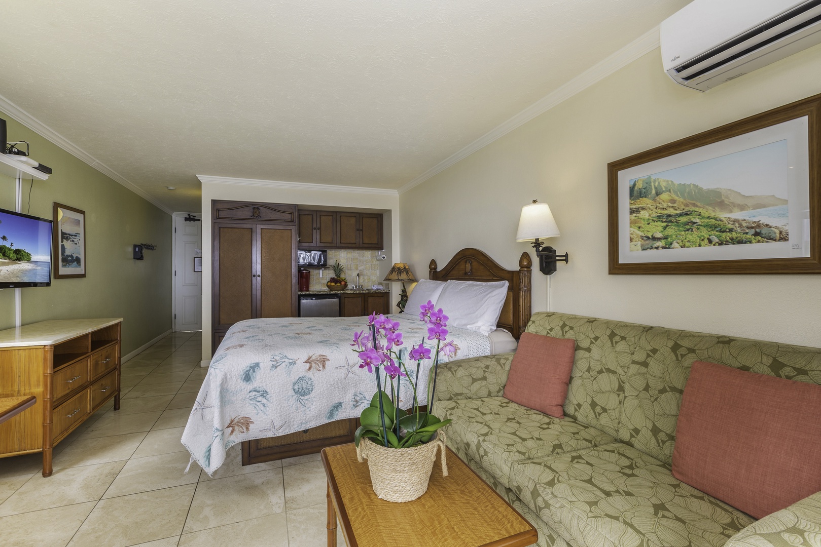 Kapa'a Vacation Rentals, Islander on the Beach #232 - A fold-out sleeper sofa beside the bed for extra sleeping option.