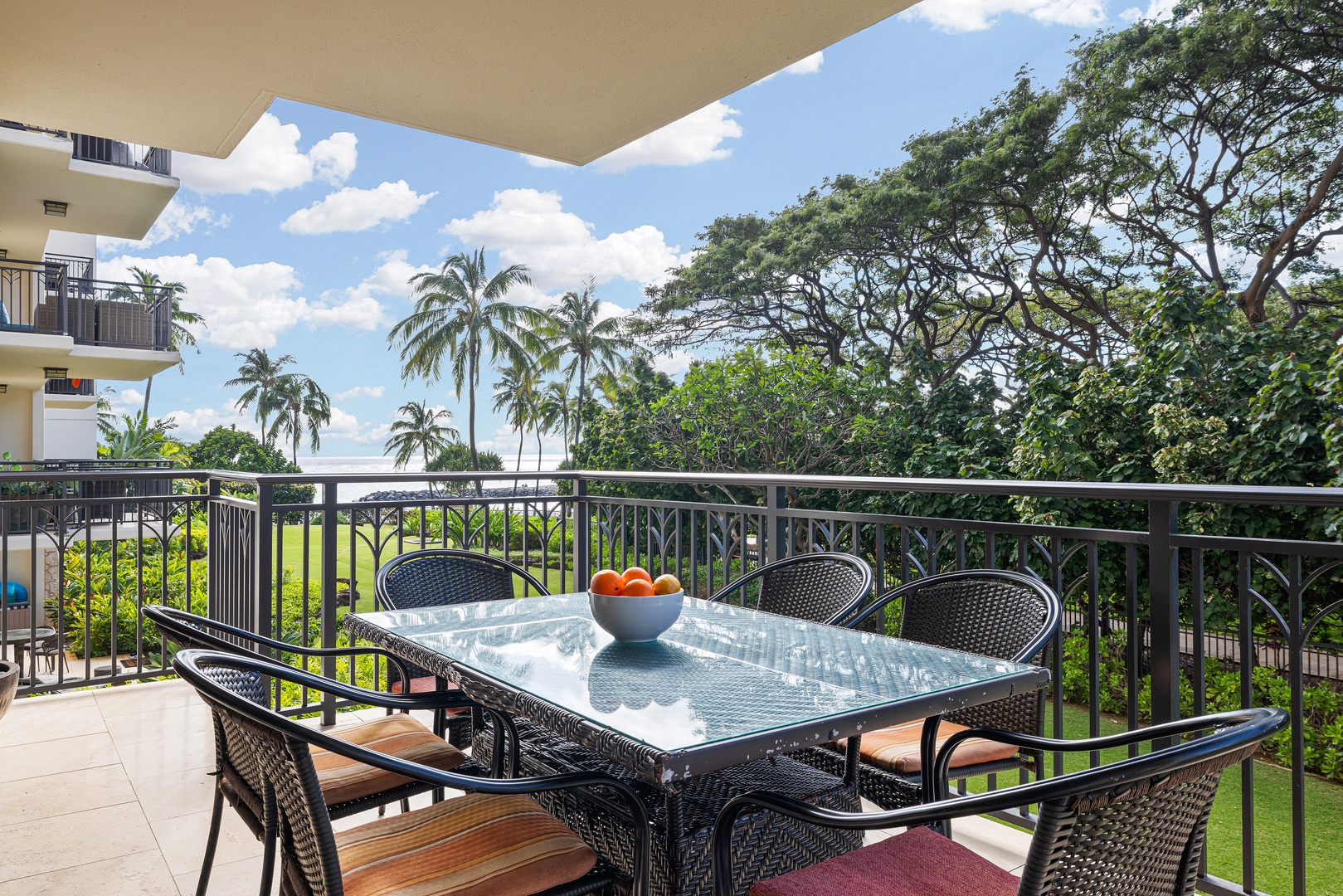 Enjoy alfresco dining on your private terrace with lush tropical garden views. Sip morning coffee or dine as swaying palms frame the horizon.