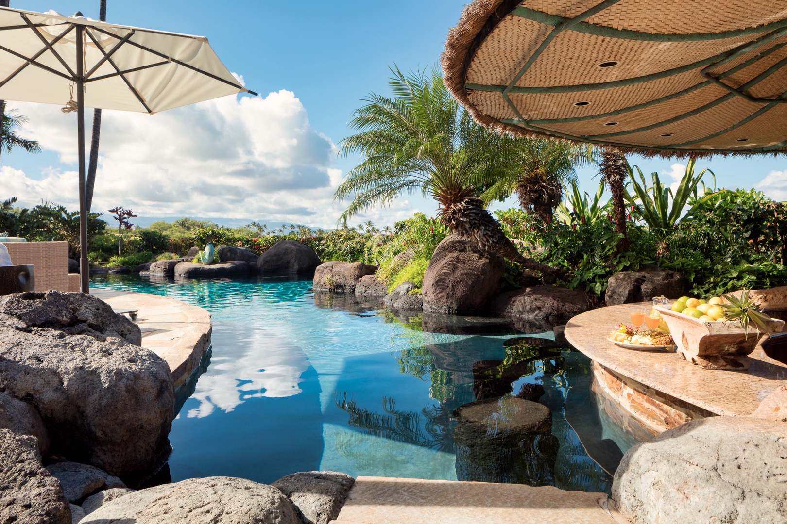 Kamuela Vacation Rentals, 5BD Fairways North (1) Estate Home at Mauna Kea Resort - Palapa bar detail with view to pool.