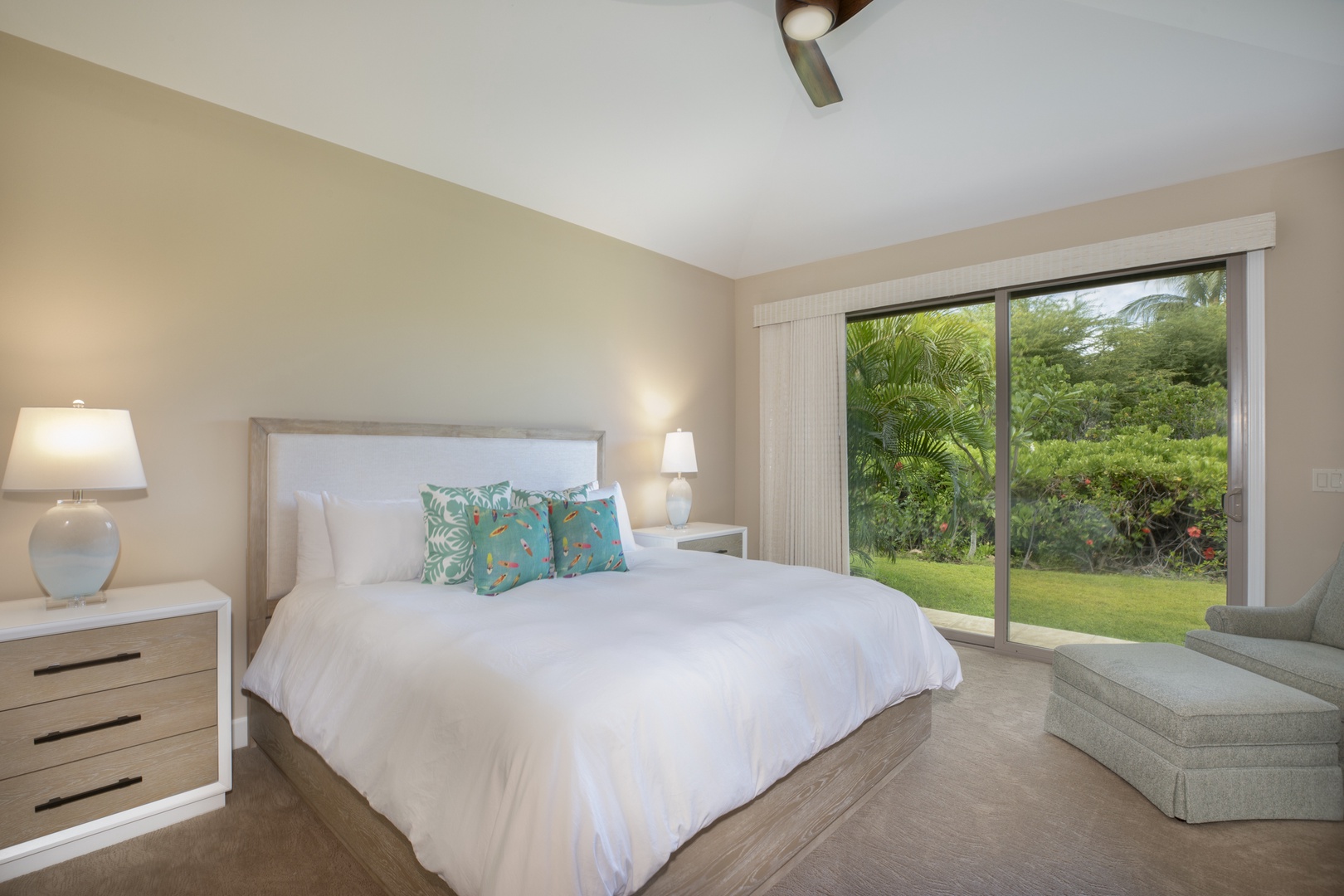 Kamuela Vacation Rentals, Mauna Lani KaMilo #503 - Slide open the door to your private garden view in this cozy bedroom oasis, ideal for morning stretches or reading.