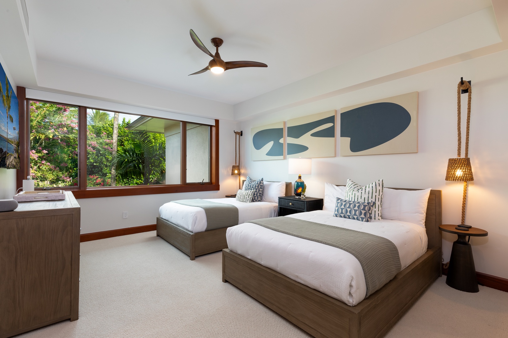 Kailua Kona Vacation Rentals, 3BD Waiulu Villa 111D at Hualalai Resort - Bright guest bedroom featuring two full-sized beds and serene garden views.