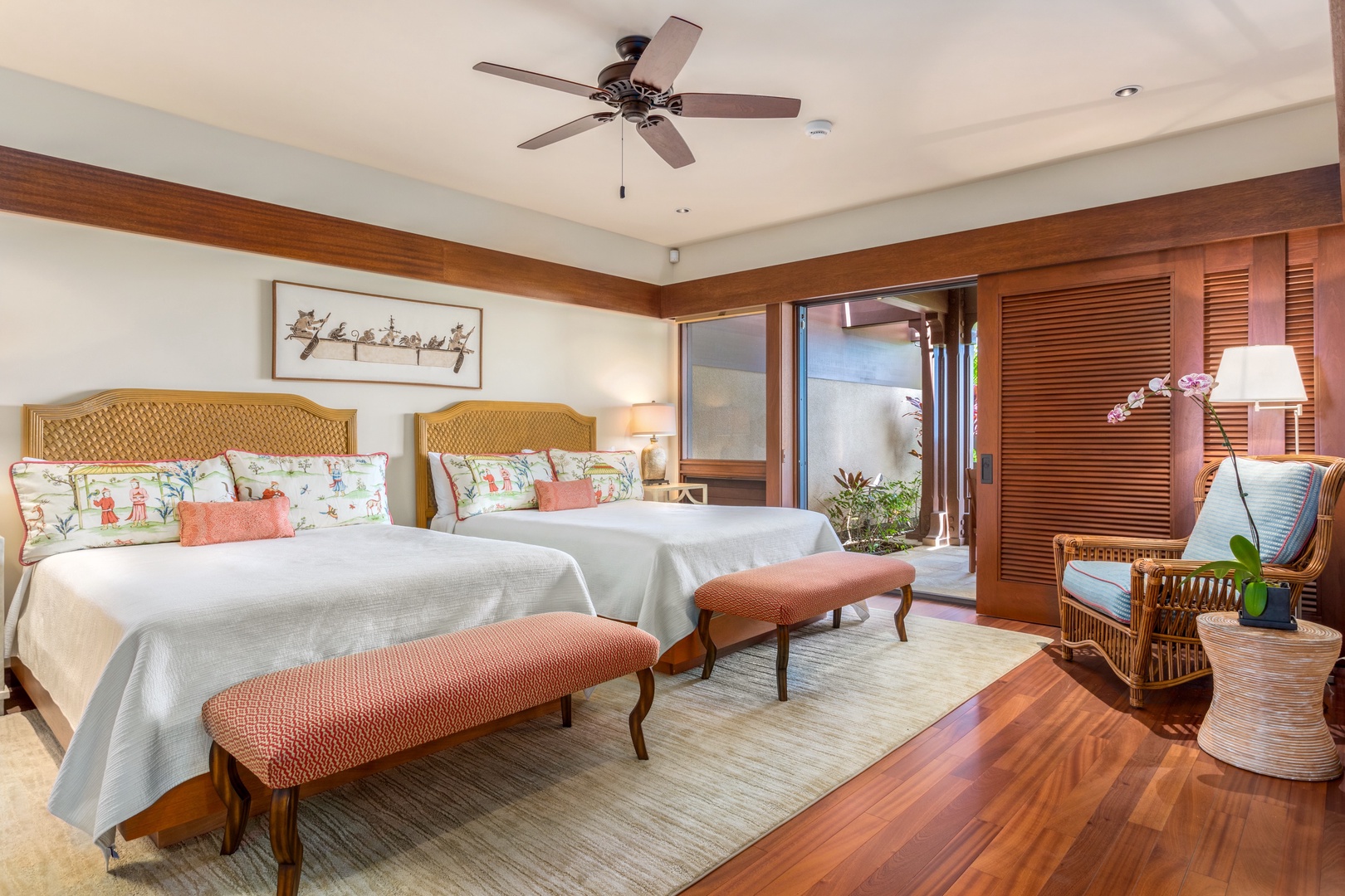 Kamuela Vacation Rentals, 4BD Villas (21) at Mauna Kea Resort - Third Bedroom w/Two Queen Beds, Ensuite Bath, Flat Screen TV & Sliding Doors to Upper Deck.