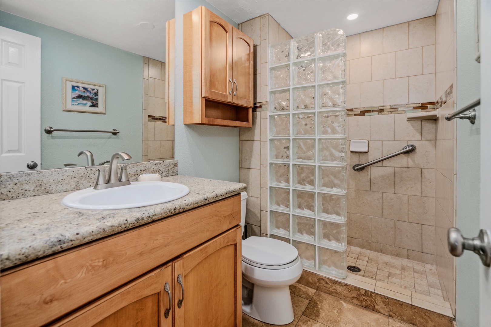 Kihei Vacation Rentals, Menehune Shores 420 - Walk-in shower behind glass block, with room to rinse off a long day and no curtain to fight.