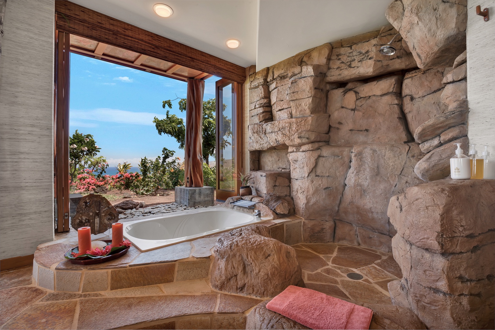 Kamuela Vacation Rentals, 5BD Fairways North (1) Estate Home at Mauna Kea Resort - Retreat suite bath with ocean-view soaking tub and walk-in rock shower.