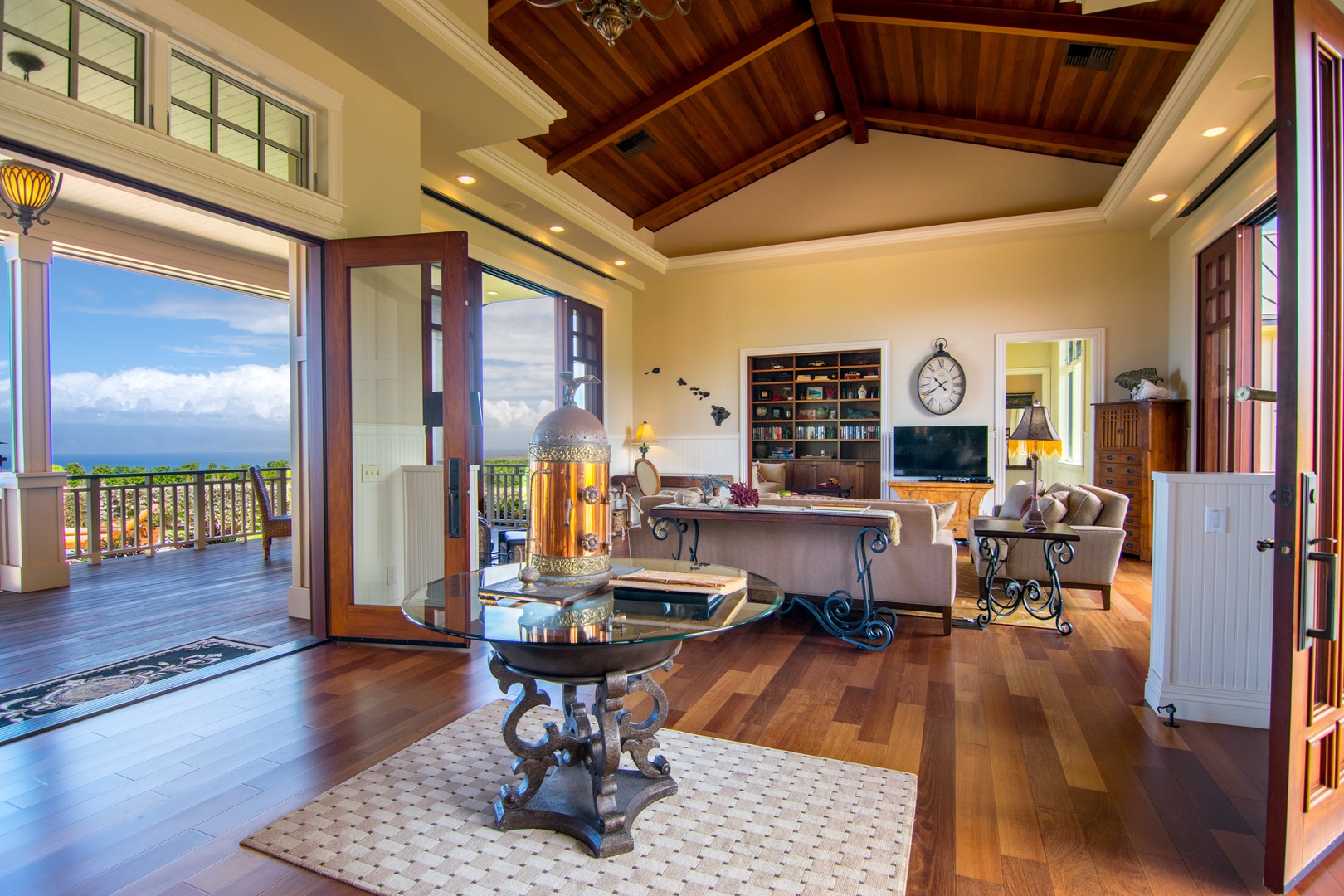 Lahaina Vacation Rentals, Rainbow Hale Estate* - View from Dinig Roon to Living Room with High Ceilings and Custom Decor