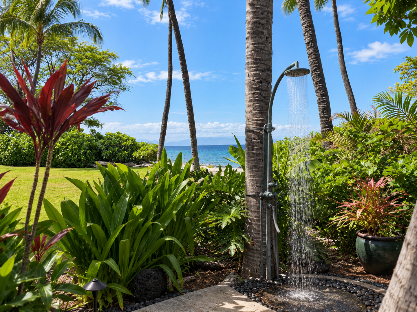 Kamuela Vacation Rentals, 4BD Estate Home at Puako Bay (74) - Shower off outdoors among the palms, the ocean just visible past the planting.