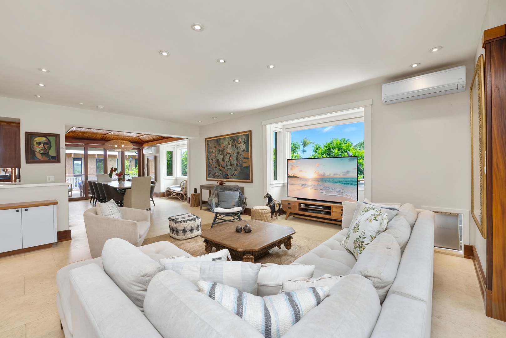 Kailua Vacation Rentals, Leaf House - Settle into plush seating in your open living area with sleek entertainment and cool, refreshing air conditioning to enhance your tropical getaway.