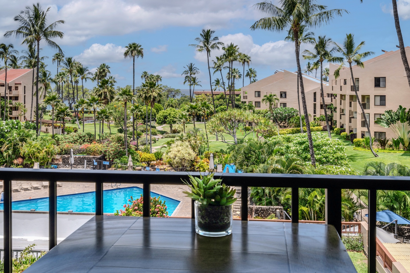 Kihei Vacation Rentals, Kamaole Sands 5310 - Set a drink by the succulent on the lanai table, gardens and winding paths spreading out below.