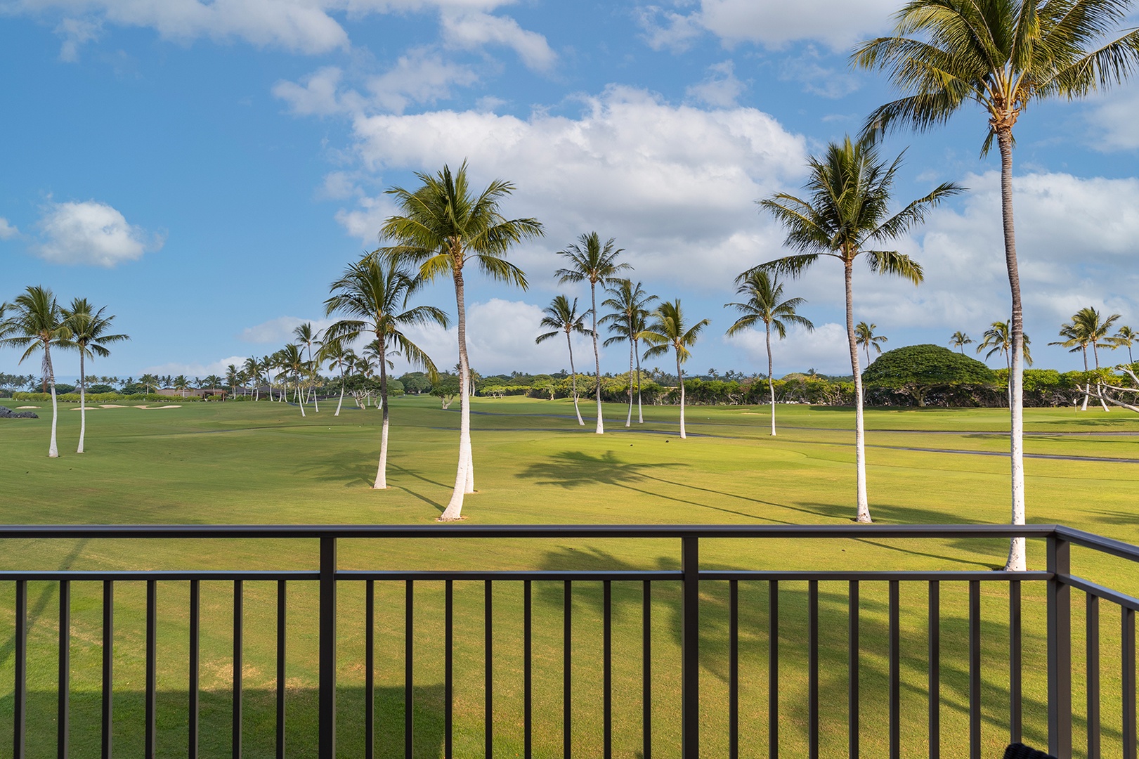 Kailua Kona Vacation Rentals, 3BD Fairways Villa (104A) at Hualalai Resort - Start your mornings with swaying palm trees and tranquil golf course views from the lanai at Fairways Villa 104A.