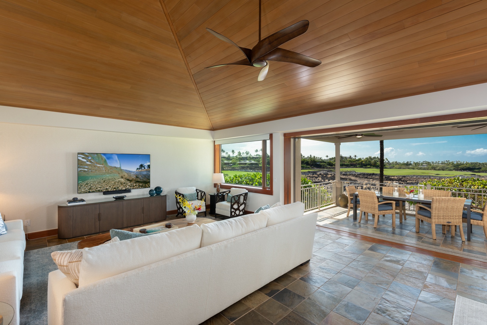 Kailua Kona Vacation Rentals, 3BD Waiulu Villa (111D) at Hualalai Resort - Relax in your open-concept living space with stunning views through floor-to-ceiling windows. Modern comfort meets tropical elegance.