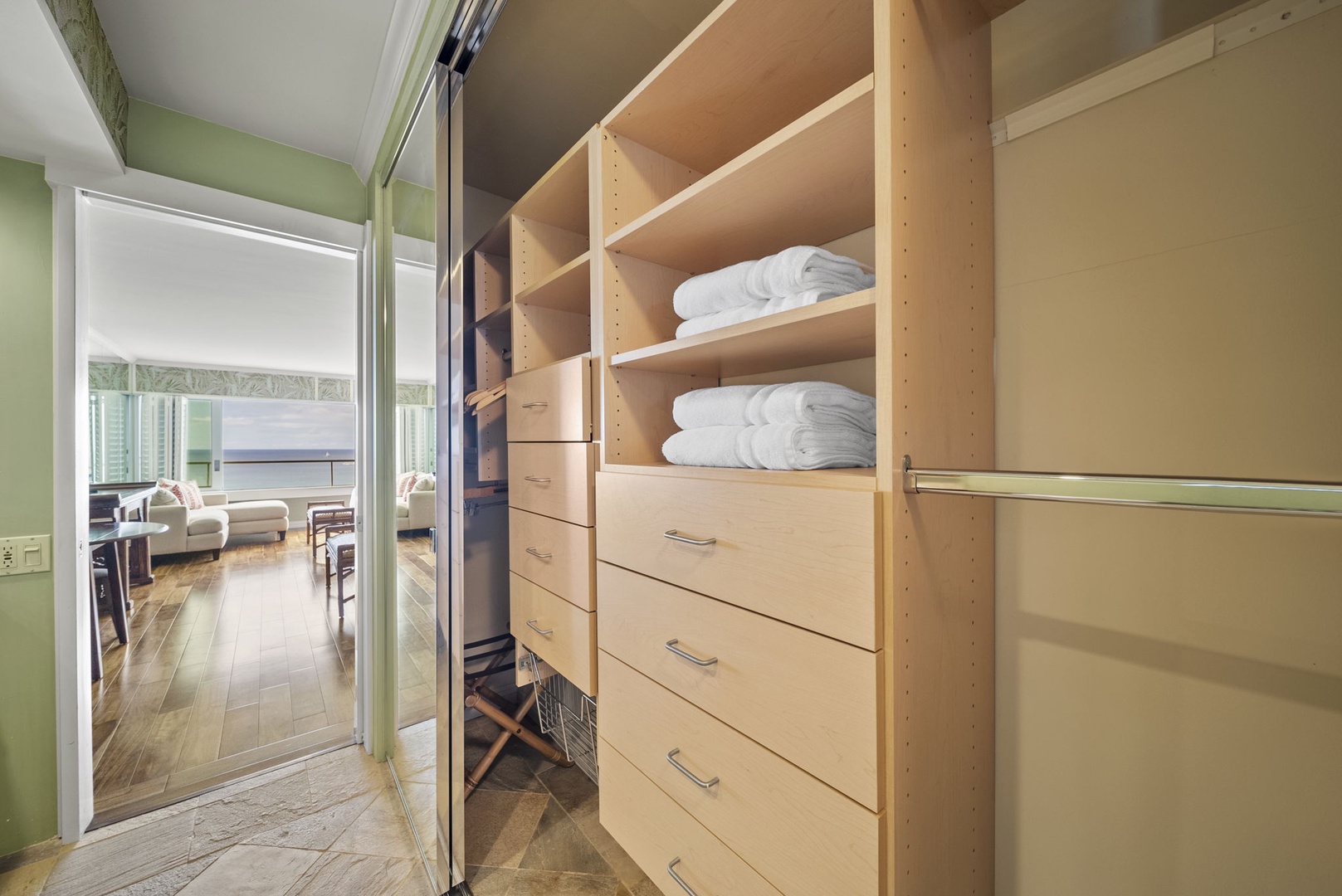 Honolulu Vacation Rentals, Colony Surf #1403 - Spacious closet with ample shelving and storage space, ideal for organizing your belongings during an extended stay.