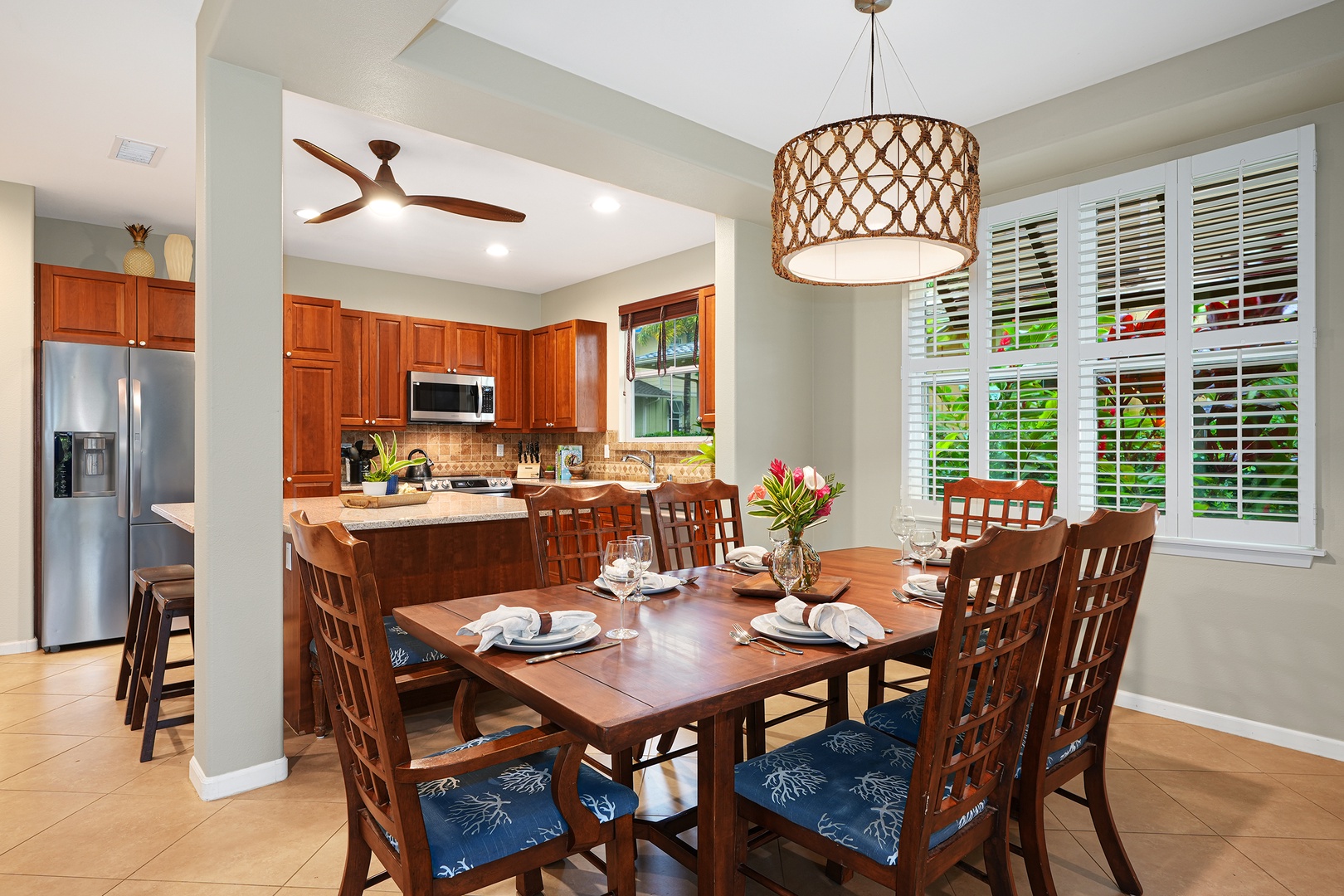 Princeville Vacation Rentals, Casa Makara - Dining area with table for six right off the kitchen means you can still visit with the chef.