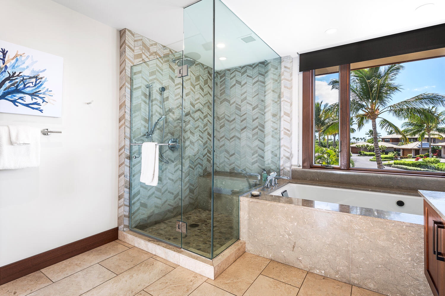 Kamuela Vacation Rentals, Laule'a at the Mauna Lani Resort #13 - Walk-in glass shower and picture-perfect bathtub with lush surroundings.