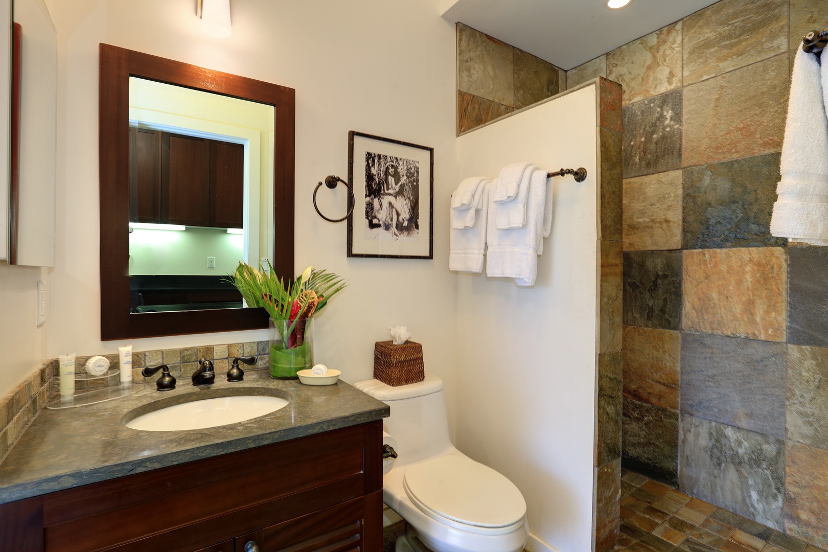 Lahaina Vacation Rentals, Aina Nalu F201 - Large walk-in shower surrounded by natural stone