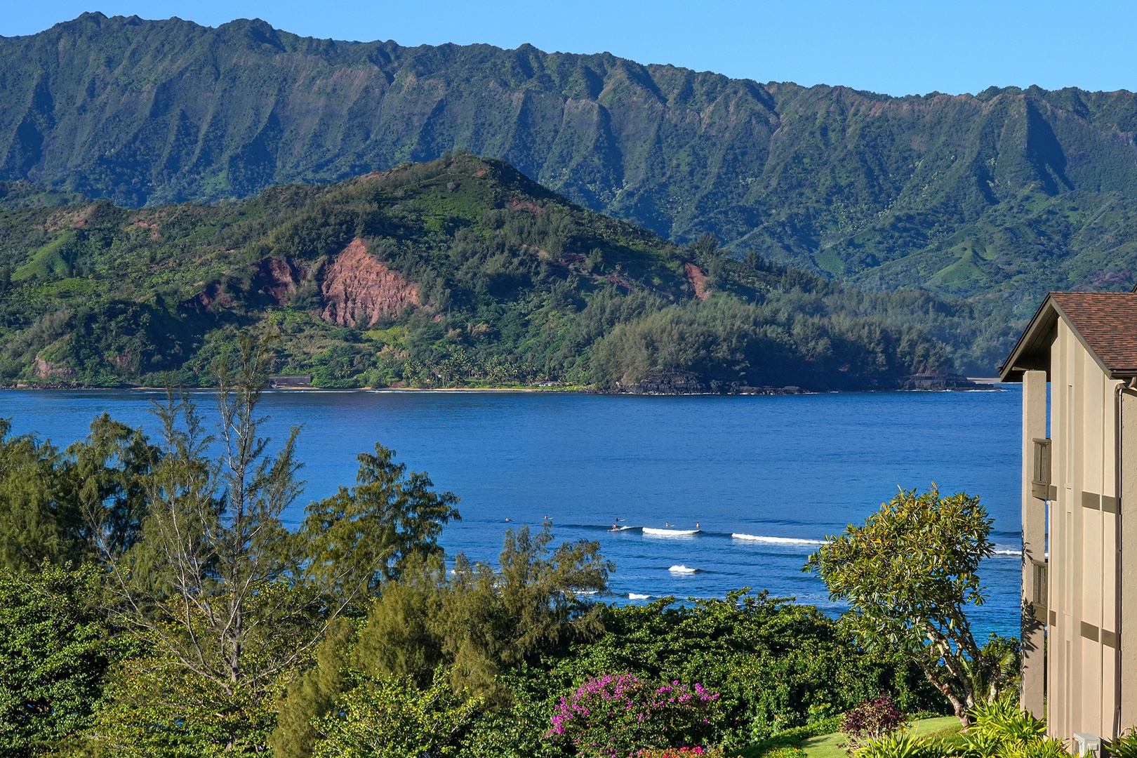 Princeville Vacation Rentals, Hanalei Bay Resort 4302/3 - Watch surfers and enjoy the serene beauty of the bay from your private lanai.