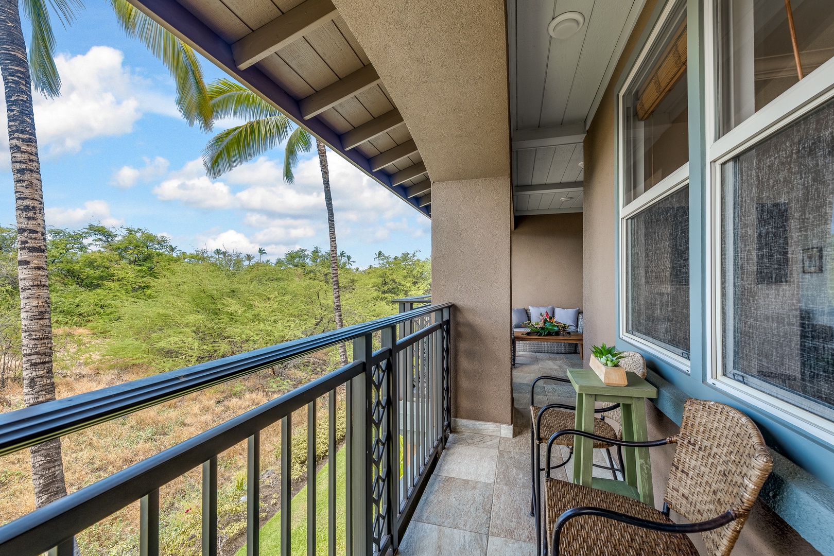 Kamuela Vacation Rentals, Mauna Lani Fairways #603 - Primary suite balcony extends along the entire unit