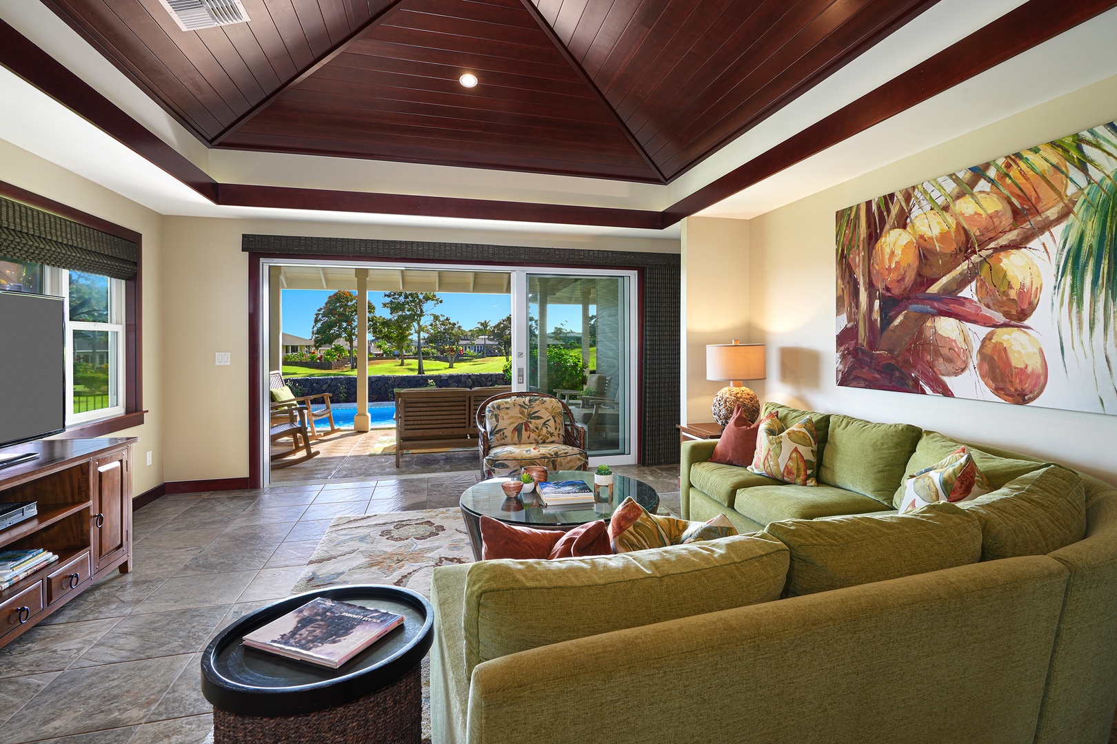 Koloa Vacation Rentals, Kiahuna Lani at Poipu - Living Room with direct access to lanai and pool