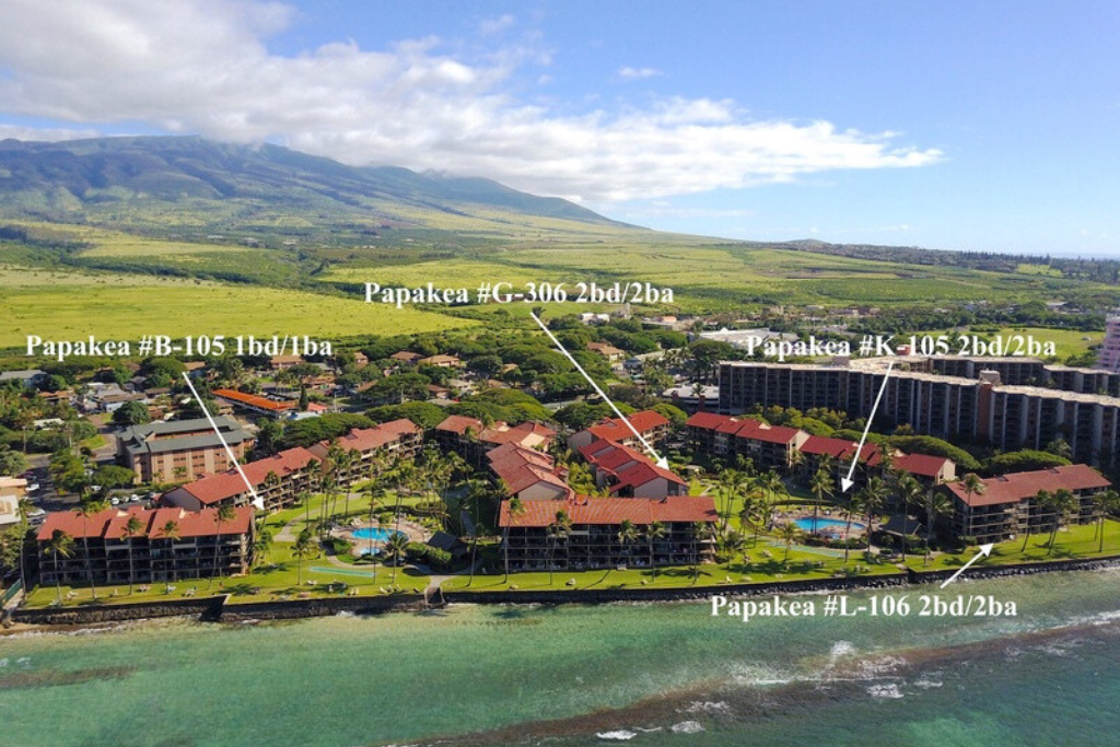 Lahaina Vacation Rentals, Papakea G-306 - This aerial view of the resort highlights its proximity to the ocean, offering stunning views of both the coastline and the lush surrounding landscape.