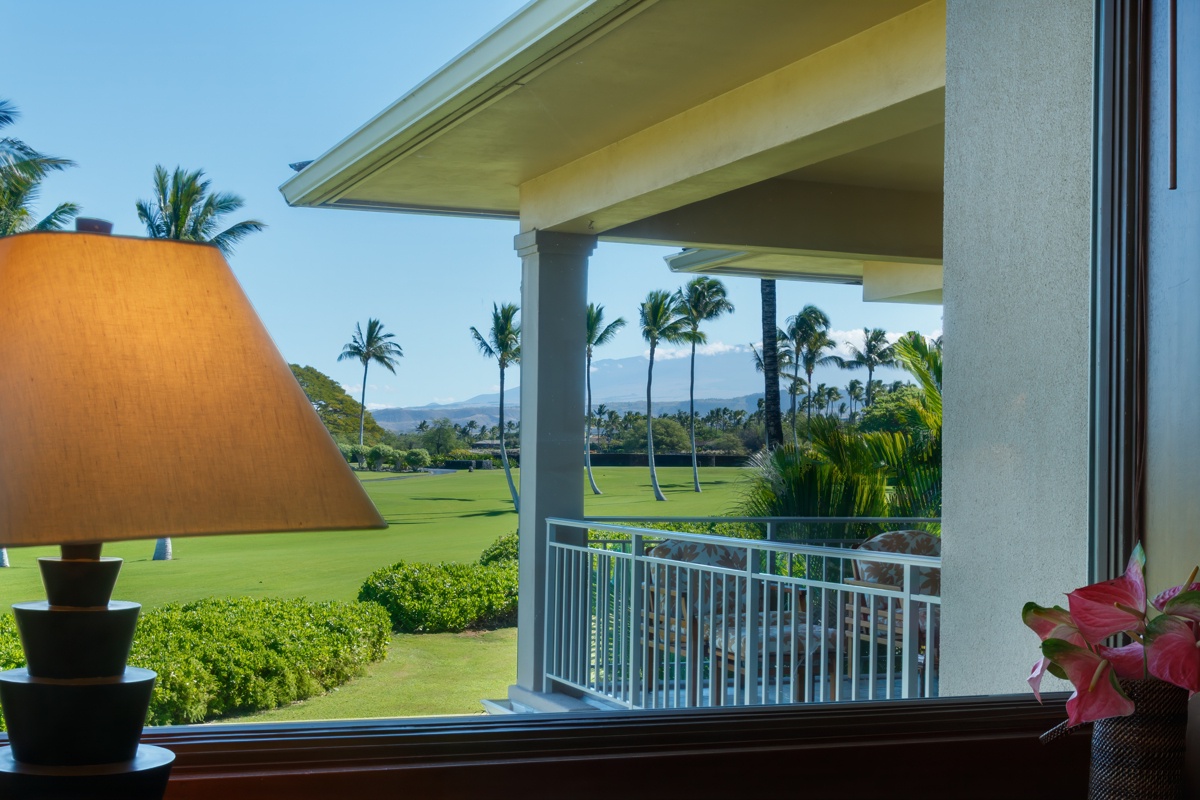 Kailua Kona Vacation Rentals, Fairways Villa 120A - Wake up to spectacular golf course views from your private balcony, where tropical palms sway and peaceful greens stretch toward distant mountains.