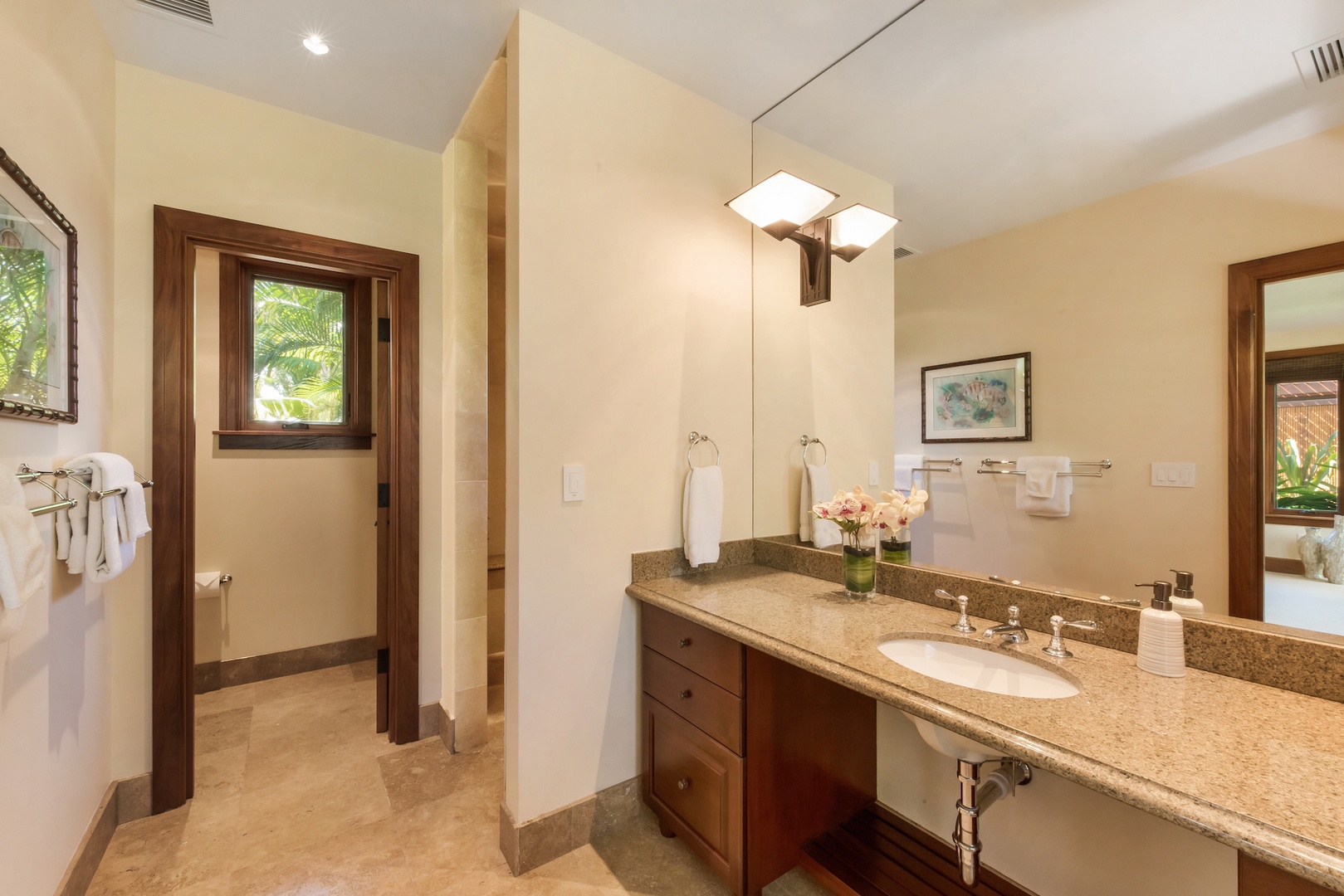 Kamuela Vacation Rentals, 3BD OneOcean (1C) at Mauna Lani Resort - "Ohana" Guest Cottage Ensuite Bath w/ Dual Sinks, Large Stone Shower and Separate Water Closet.