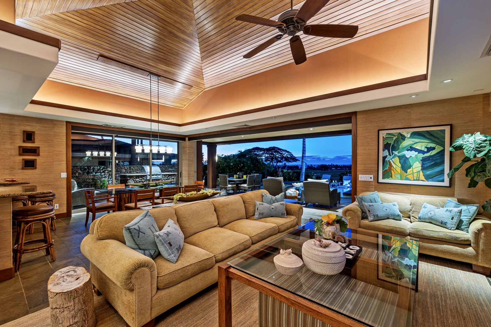 Kailua Kona Vacation Rentals, 3BD Pakui Street Estate (149) at Hualalai Resort - The great room warms up at night, the koa ceiling glowing as the doors stay open.