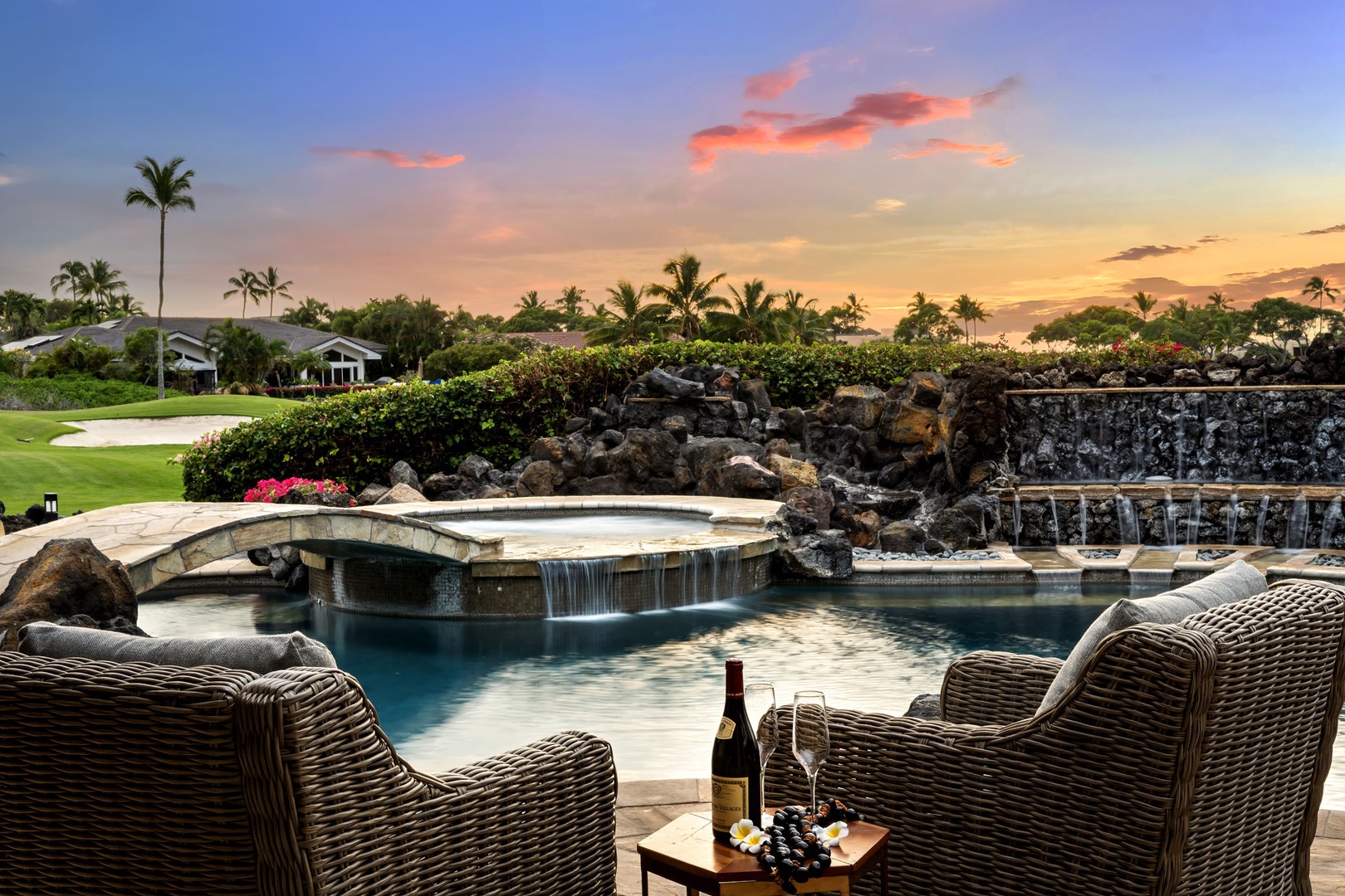 Kamuela Vacation Rentals, Hale Konane - Sip wine on the lanai at sunset, surrounded by lava rock landscaping and tranquil twilight skies.