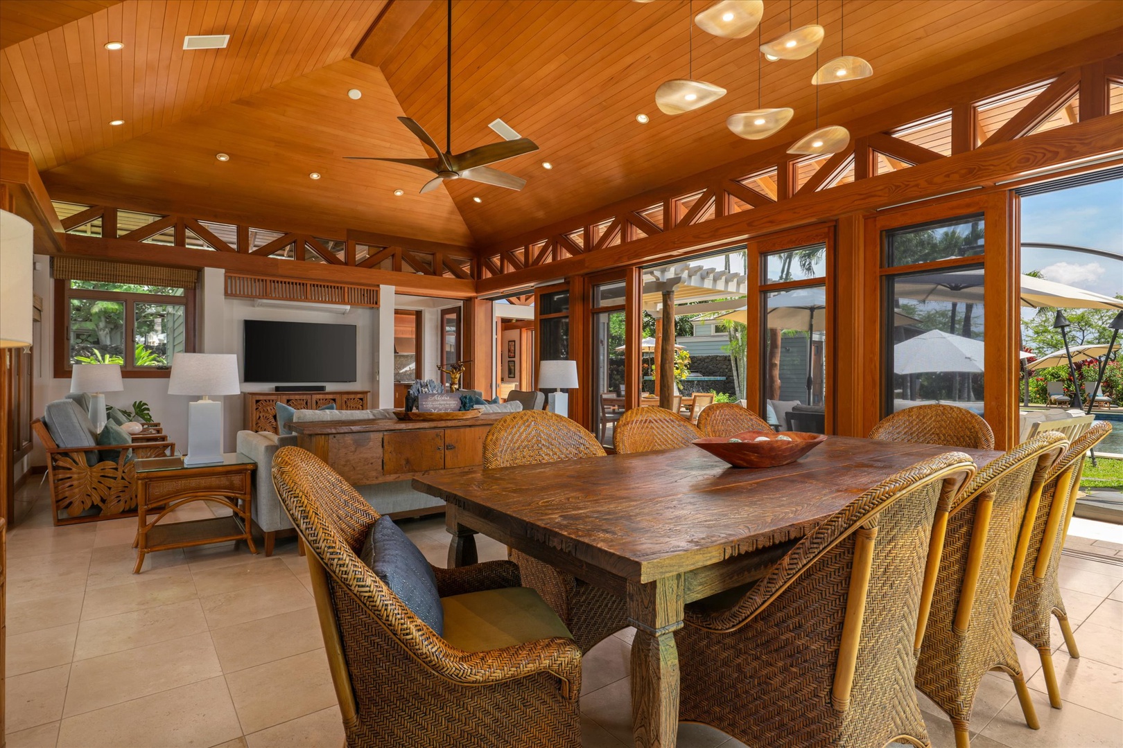 Kamuela Vacation Rentals, 3BD Na Hale 3 at Pauoa Beach Club at Mauna Lani Resort - Gather around the dining table, garden air moving through the open walls.