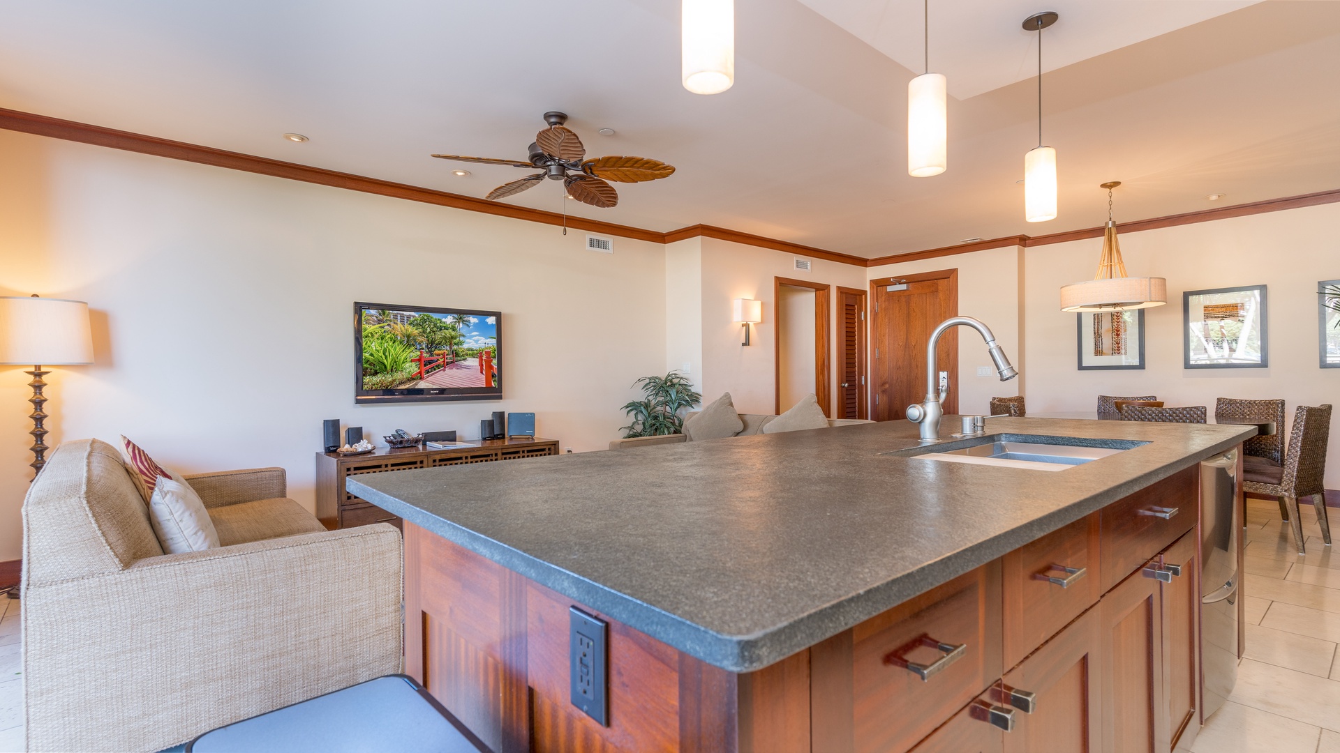 Kapolei Vacation Rentals, Ko Olina Beach Villas B202 - Another view of the layout from the kitchen perspective.