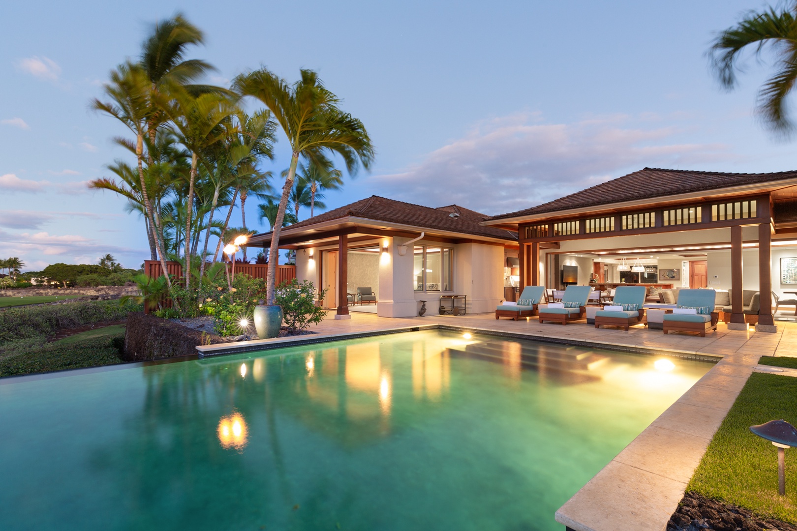 Kailua Kona Vacation Rentals, 4BD Hainoa Estate (102) at Hualalai Resort - View of the illuminated estate as the sun sets