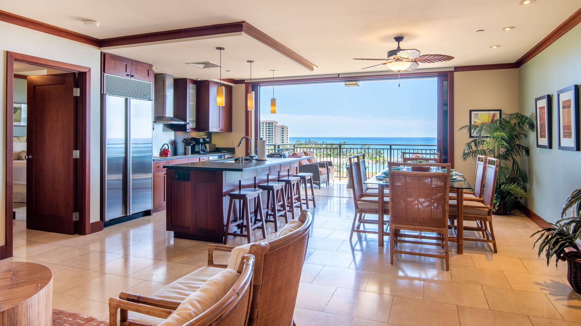 Kapolei Vacation Rentals, Ko Olina Beach Villas B901 - The open floor plan includes the kitchen, living and dining area.