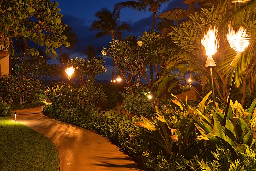 Wailea Vacation Rentals, Sun Splash C301 at Wailea Beach Villas* - Tiki Torches Light the Pathways throughout Wailea Beach Villas from Dusk to Dawn