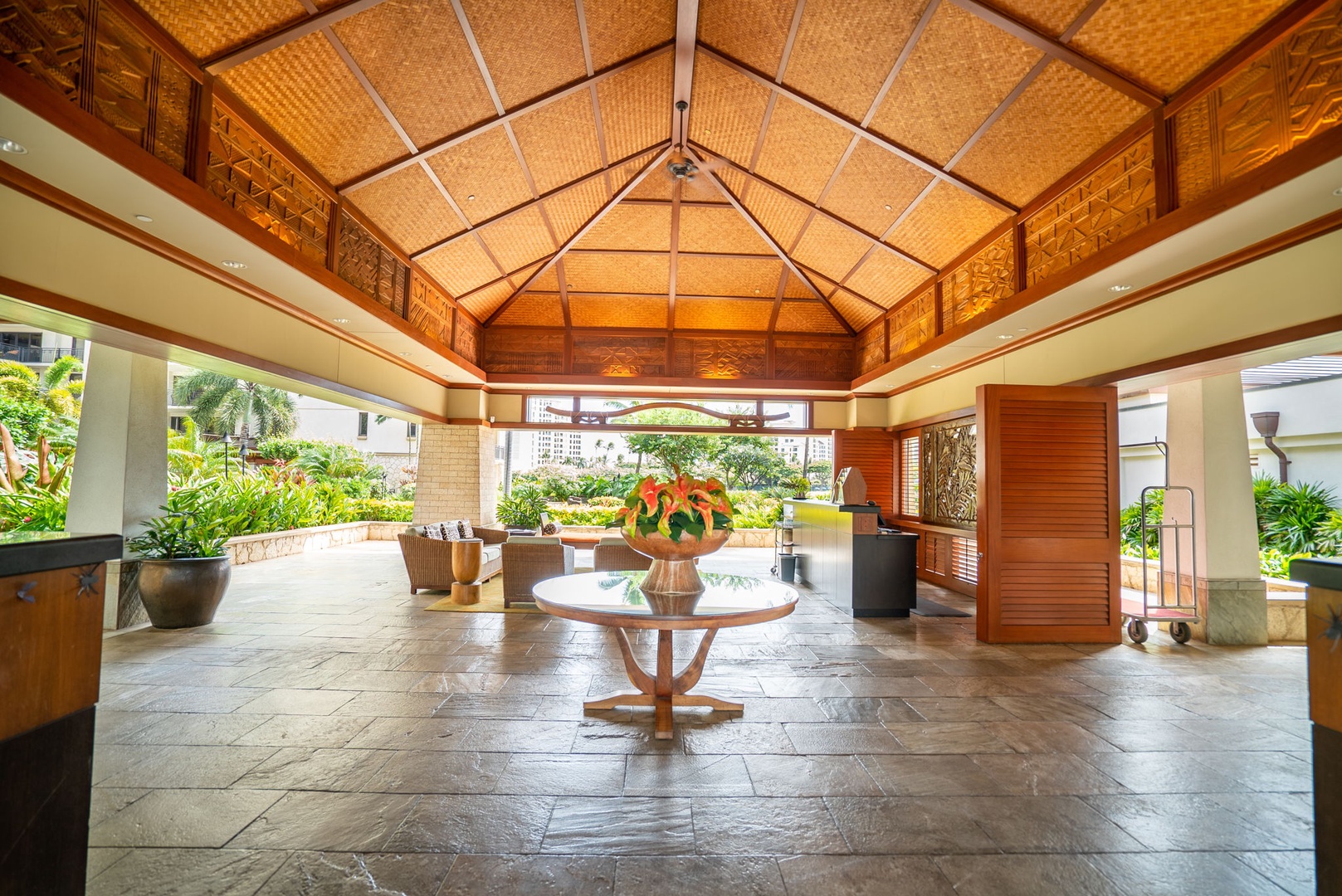 Kapolei Vacation Rentals, Ko Olina Beach Villas B604 - Step into this grand lobby with soaring bamboo ceilings and tropical elegance welcoming you to your island getaway.