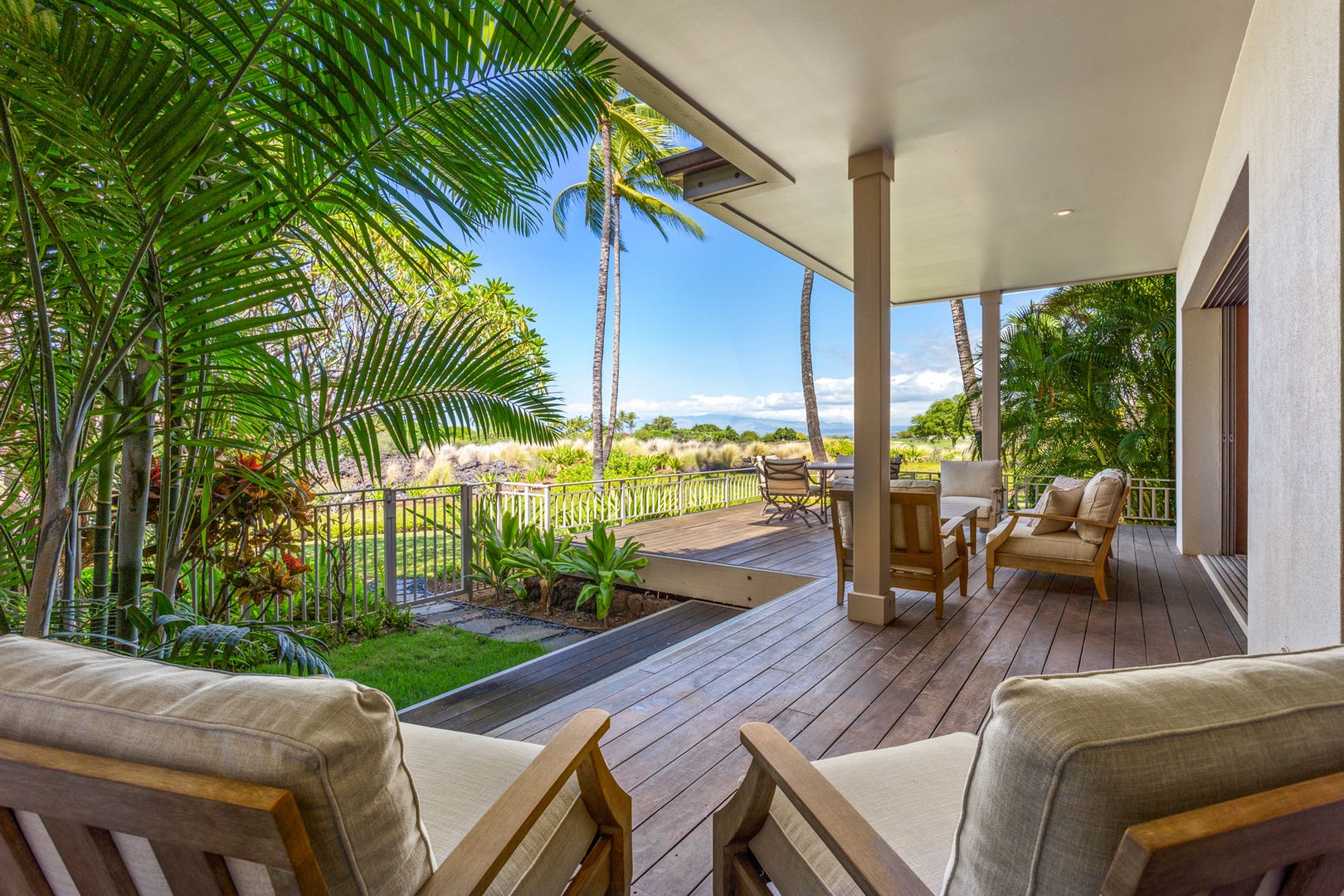 Kailua Kona Vacation Rentals, OFB 3BD Ka'Ulu Villa (129D) at Four Seasons Resort at Hualalai - Yet another view of lower deck from primary lounge seating with steps to your own private yard.