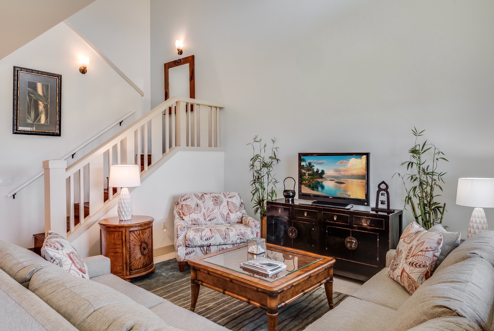 Waikoloa Vacation Rentals, 3BD Hali'i Kai (12G) at Waikoloa Resort - Beautiful & bright living room with two-story ceiling, staircase to second floor bedrooms