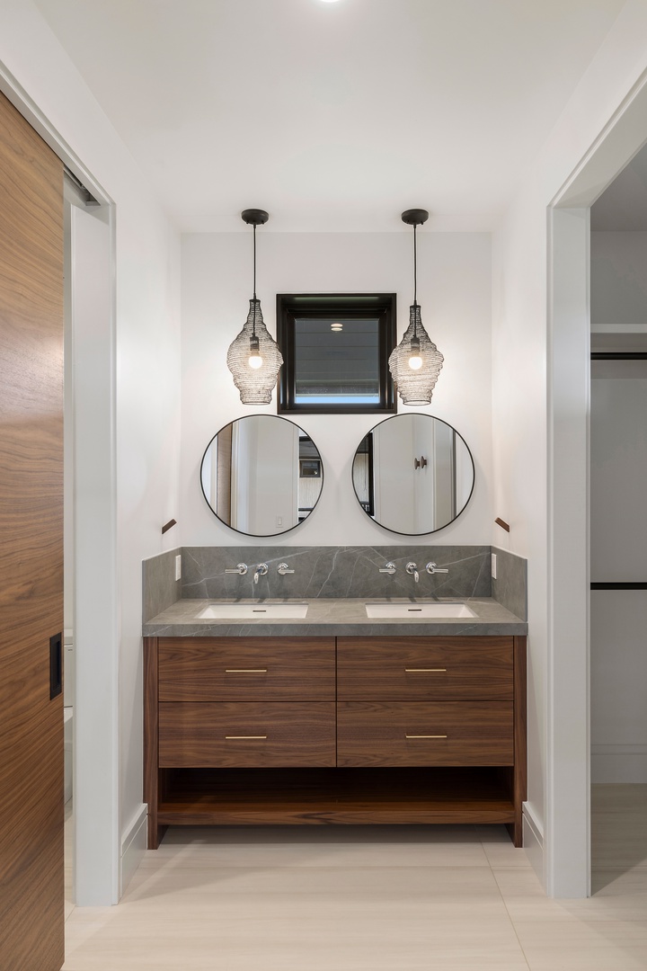 Koloa Vacation Rentals, Hale o ka Nene - Start and end your day in this stylish double-vanity bath with elegant lighting and serene design.
