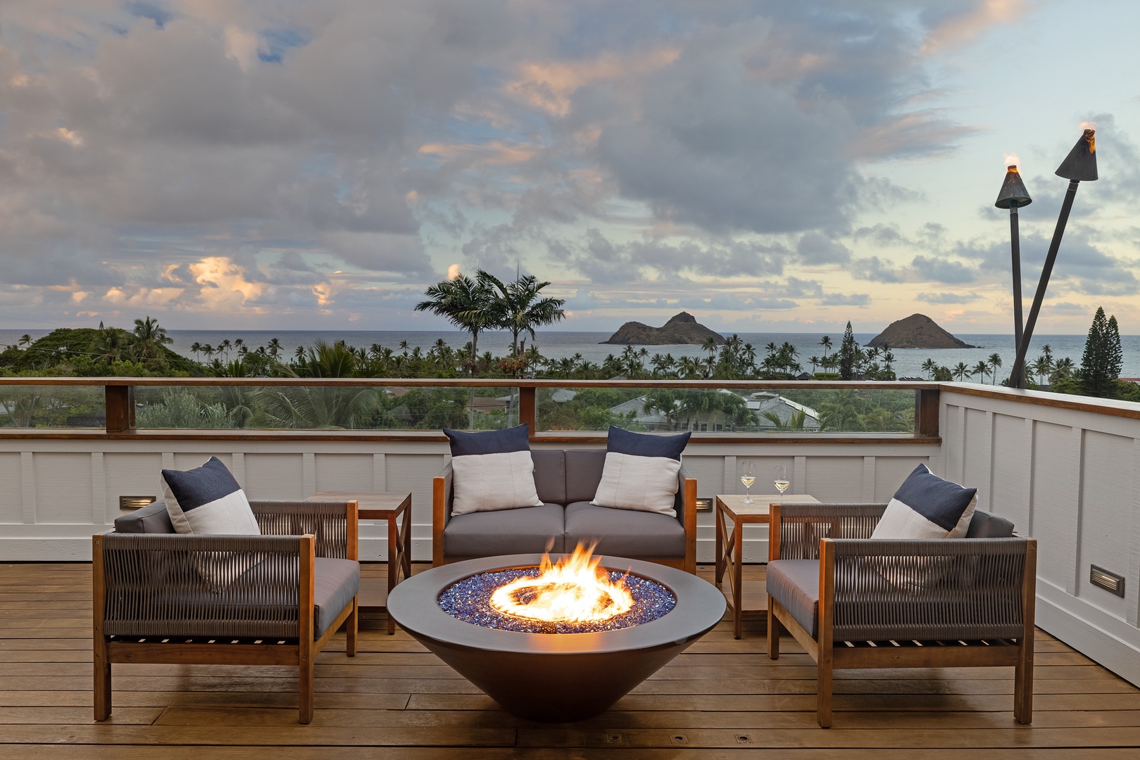 Kailua Vacation Rentals, Lanikai Valhalla - Master Bedroom Lanai Fire table & Ocean View