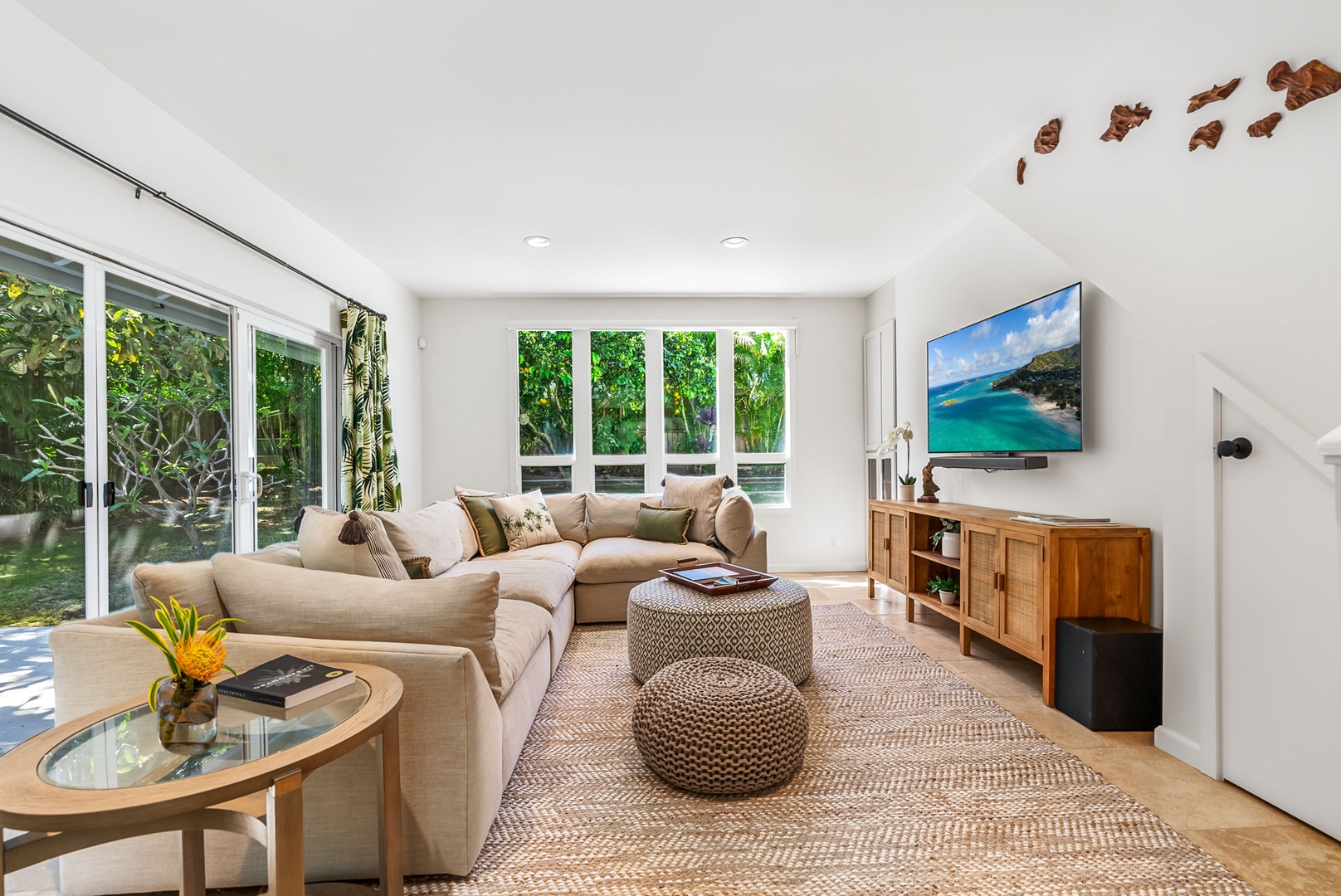 Kailua Vacation Rentals, Nohie Lanikai - Spacious and bright living room with floor-to-ceiling windows, perfect for relaxing together.