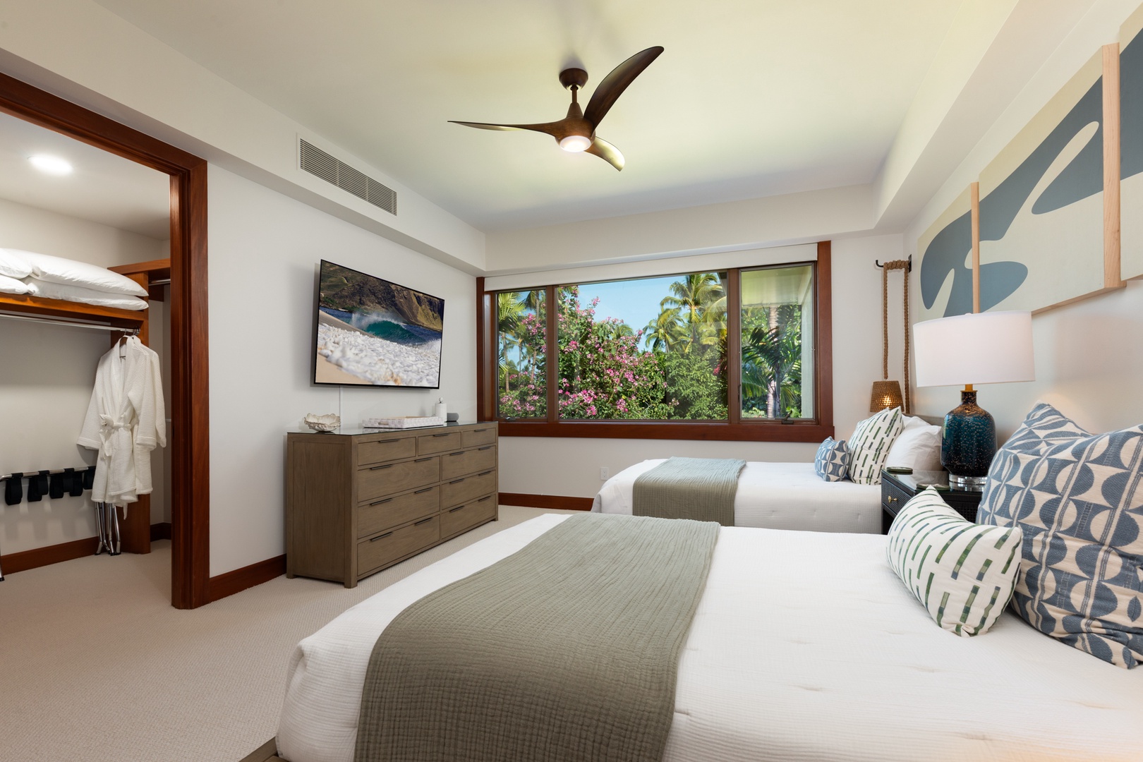 Kailua Kona Vacation Rentals, 3BD Waiulu Villa (111D) at Hualalai Resort - Wake up refreshed in your tropical bedroom with two double bed, garden views, and coastal breezes from your ceiling fan.